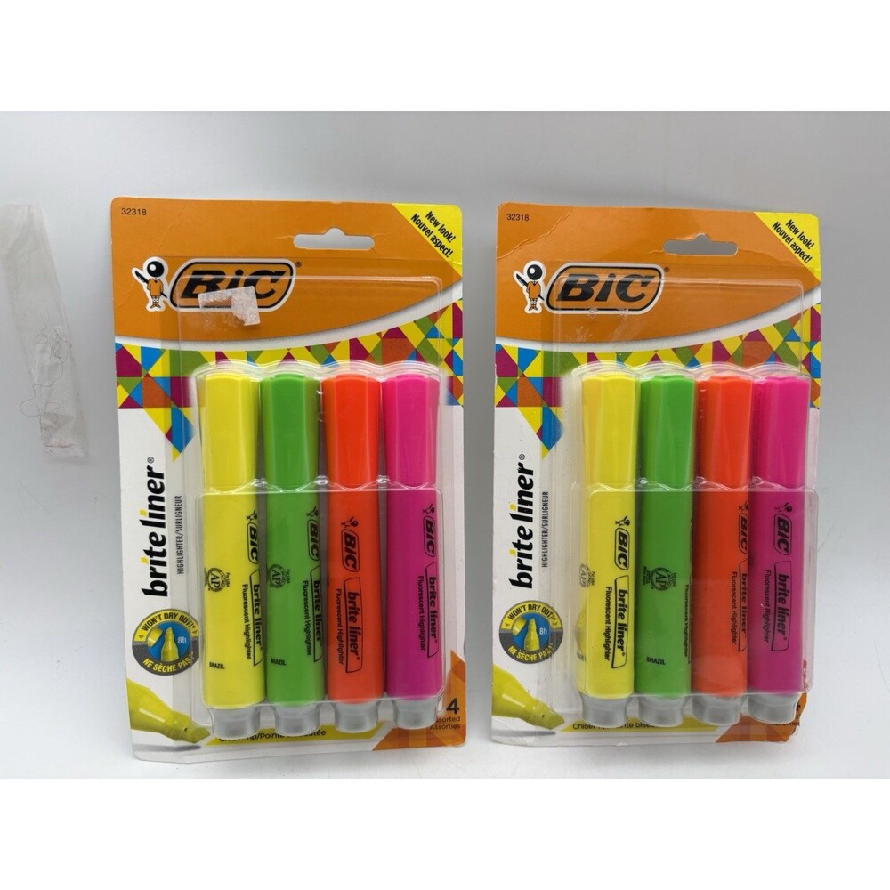 BIC Brite Liner Highlighters 4 Pack Lot of 2 Assorted Colors NOS Sealed 32318